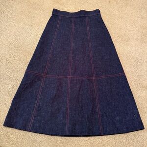 Pearl by Lela Rose Stretch Denim Midi Skirt with Contrast Stitching Size 8